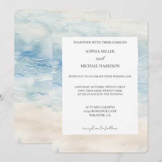 Ocean Beach Blue Cream Sand Wedding Kaart (Voorkant / Achterkant)