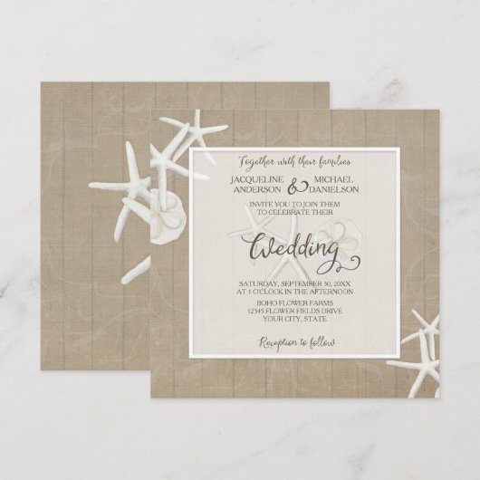 Ocean Beach Bruiloft Zeester Hout Houten Rustiek Kaart (Voorkant / Achterkant)