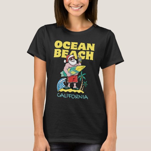 OCEAN BEACH CALIFORNIA Santa Christmas Surfing T-shirt (Voorkant)