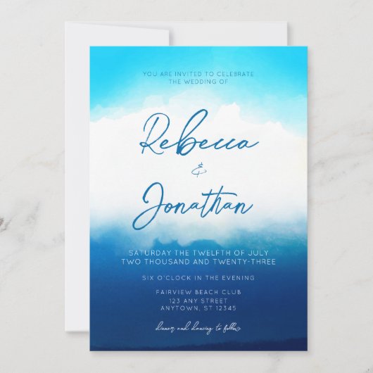 Ocean Beach Coastal Blue Waterverf Wedding Kaart (Voorkant)