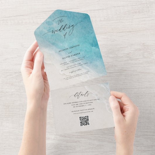 Ocean Beach Destination QR Wedding All In One Uitnodiging (Afscheurbaar)