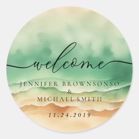 Ocean Beach Green Signature Boho Welkom bruiloft Ronde Sticker (Voorkant)