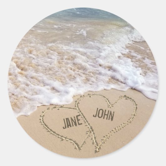 Ocean beach hearts met aangepaste namen ronde sticker (Voorkant)
