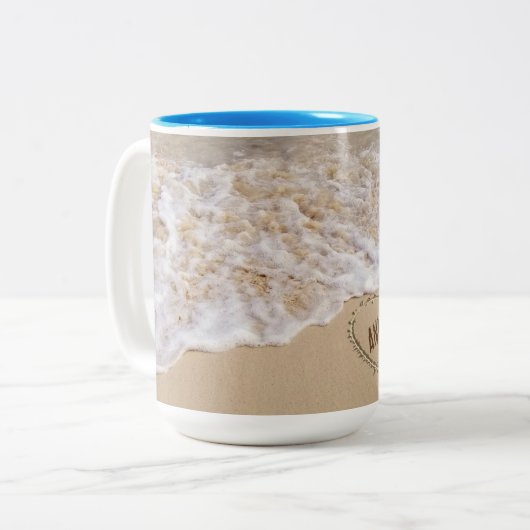 Ocean Beach Hearts met namen Tweekleurige Koffiemok (Voorkant links)