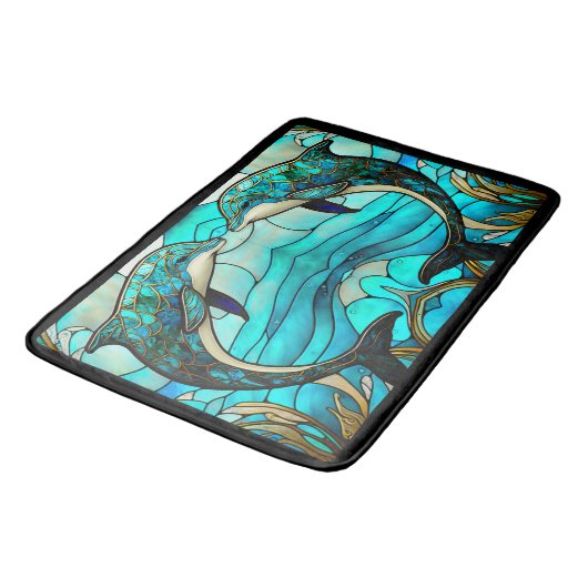 Ocean Beach House Blauwe Dolfijn Faux Glas in lood Badmat (Gekanteld)