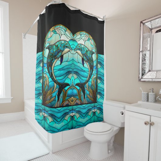 Ocean Beach House Blauwe Dolfijn Faux Glas in lood Douchegordijn (In situ)