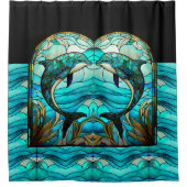 Ocean Beach House Blauwe Dolfijn Faux Glas in lood Douchegordijn (Voorkant)