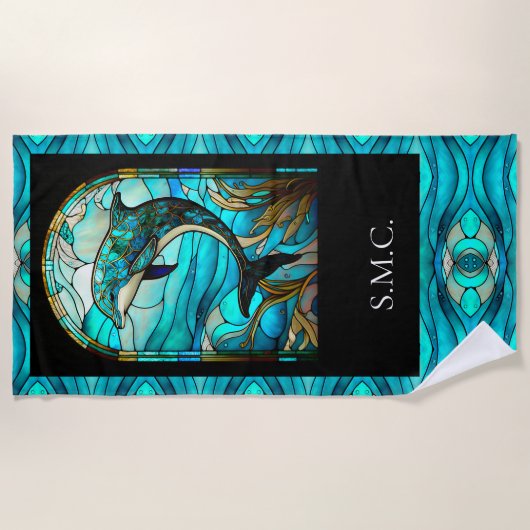 Ocean Beach House Blauwe Dolfijn Faux Glas in lood Strandlaken (Voorkant)