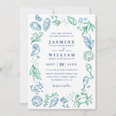 Ocean Beach Nautical Shell Elegant QR Code Wedding Kaart (Voorkant)