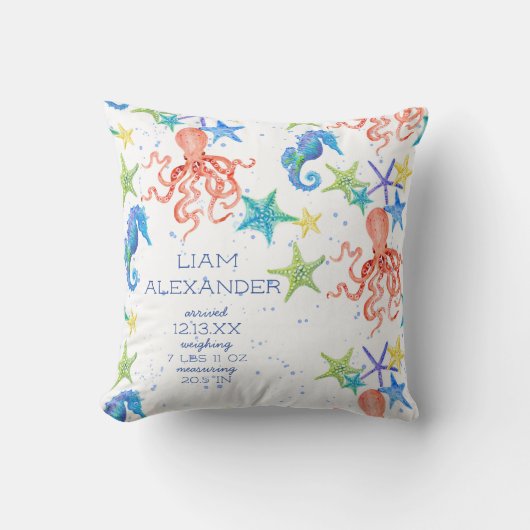 Ocean Beach Octopus Seahorse Jongen Baby Geboorte Kussen (Voorkant)