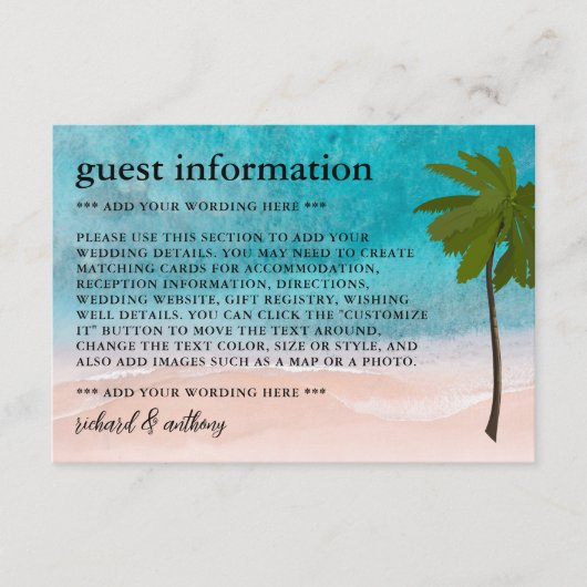 Ocean Beach Palm Tree bruiloft detail Informatiekaartje (Voorkant)