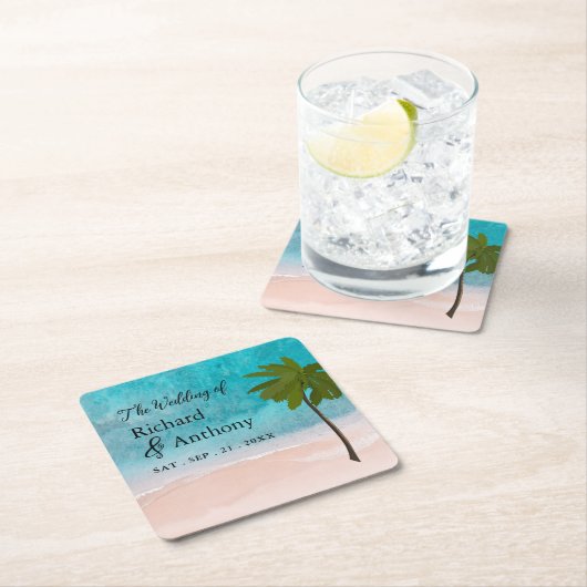 Ocean Beach Palm Tree bruiloft Kartonnen Onderzetters (Insitu)