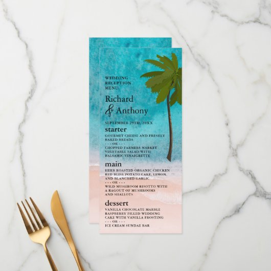 Ocean Beach Palm Tree Bruiloft Menu (Voorkant / Achterkant in situ)