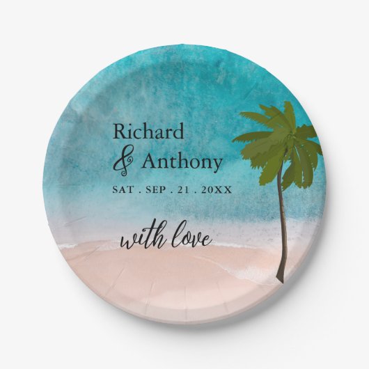 Ocean Beach Palm Tree bruiloft Papieren Bordje (Voorkant)