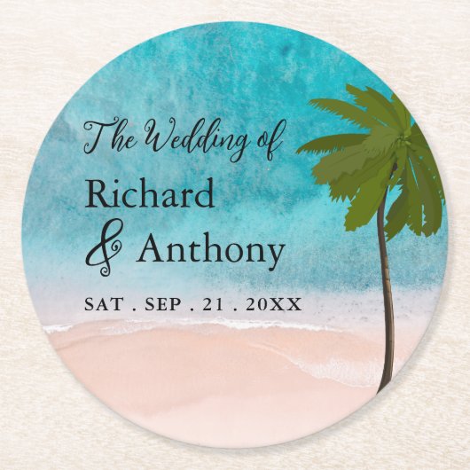 Ocean Beach Palm Tree bruiloft Ronde Kartonnen Onderzetter (Voorkant)
