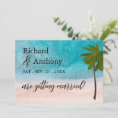 Ocean Beach Palm Tree bruiloft Save The Date (Staand voorkant)