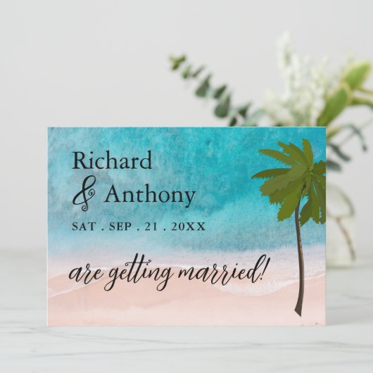 Ocean Beach Palm Tree bruiloft Save The Date (Staand voorkant)
