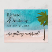 Ocean Beach Palm Tree Bruiloft Save the Date Aankondigingskaart (Voorkant)