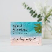 Ocean Beach Palm Tree Bruiloft Save the Date Aankondigingskaart (Staand voorkant)