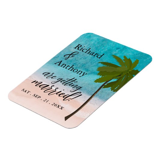 Ocean Beach Palm Tree Bruiloft Save the Date Magneet (Linkerzijde)