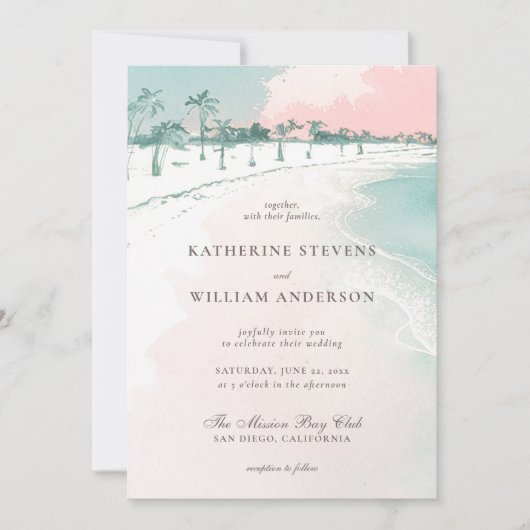 Ocean Beach Palm Trees Roze Sky Elegante bruiloft Kaart (Voorkant)