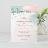 Ocean Beach Palm Trees Roze Sky Elegante bruiloft Kaart (Staand voorkant)