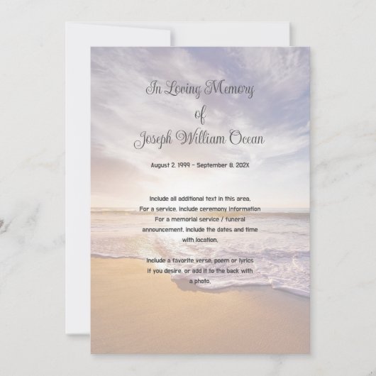 Ocean Beach Photo Memorial Funeral Service Kaart (Voorkant)