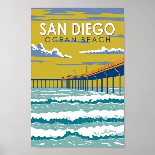 Ocean Beach San Diego Travel Art Vintage Poster (Voorkant)