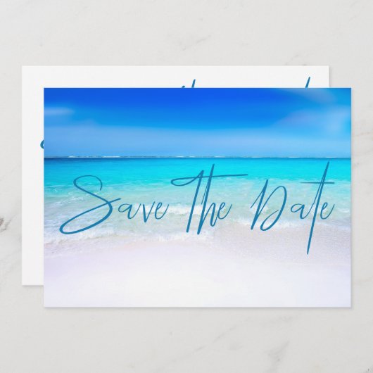 Ocean Beach Sand Destination Blue Modern Save The Date (Voorkant / Achterkant)