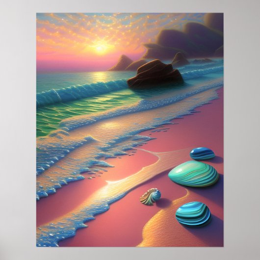 Ocean Beach Scene Seashells fantasy Art Poster (Voorkant)