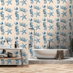 Ocean Beach Seahorse Starfish Crab & Shell Pattern Behang