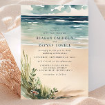 Ocean Beach Seascape Waterverf Wedding Invitation Kaart<br><div class="desc">Deze Waterverf Ocean Beach Seascape Wedding Invitation is de perfecte keuze voor koppels die de schoonheid van de zeebodem willen integreren in hun huwelijksfeest. Het ontwerp biedt een verbluffend schilderij van de waterverf van een oceaanstrandscène, met zachte pasteltinten blauw en zand. Het afbeelding omvat de oceaan, de hemel en het...</div>