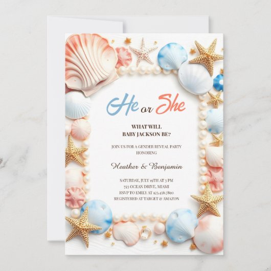 Ocean Beach Seashells Summer Gender Reveal Party Kaart (Voorkant)