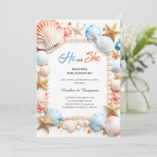 Ocean Beach Seashells Summer Gender Reveal Party Kaart (Staand voorkant)
