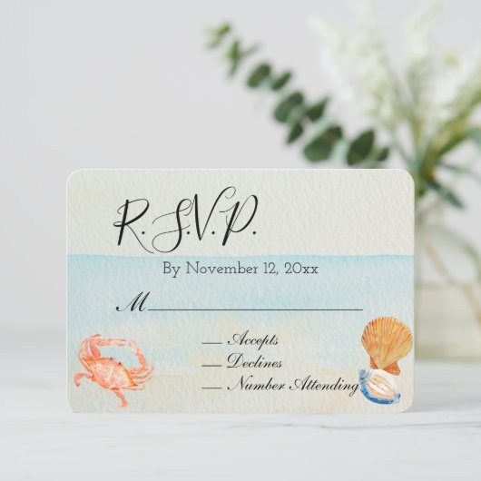 Ocean Beach Shells Wedding RSVP Informatiekaartje (Staand voorkant)