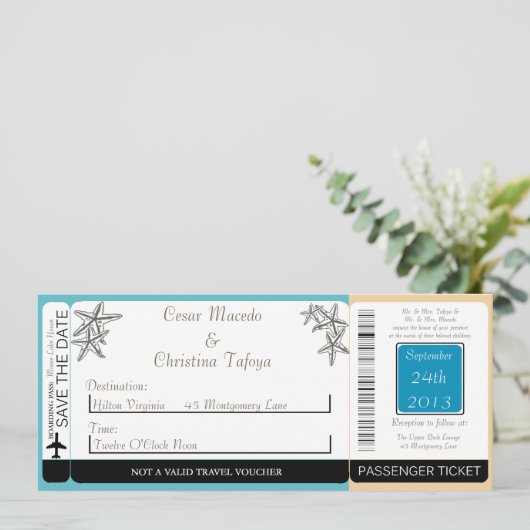 Ocean Beach Shore Boarding Pass bruiloft uitnodigi Kaart (Staand voorkant)