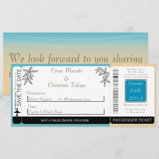 Ocean Beach Shore Boarding Pass bruiloft uitnodigi Kaart (Voorkant / Achterkant)