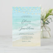 Ocean Beach String Lights Elegant Script Weddensch Kaart (Staand voorkant)