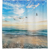 Ocean Beach Sunrise Vogels Zon Glitter Border Douchegordijn (Voorkant)