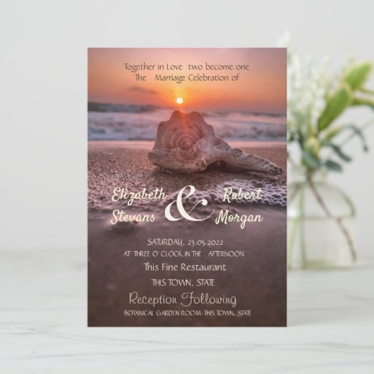 Ocean Beach Sunset Seashell Wedding Kaart (Staand voorkant)