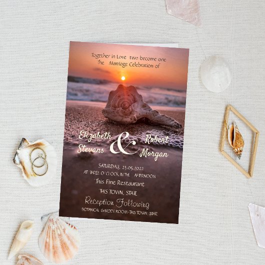 Ocean Beach Sunset Seashell Wedding Kaart