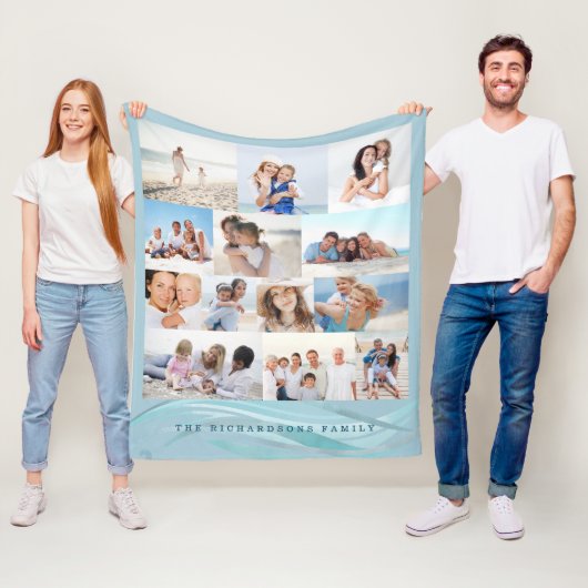 Ocean Beach Theme Family Photo Memory Collage Grid Fleece Deken (In situ)