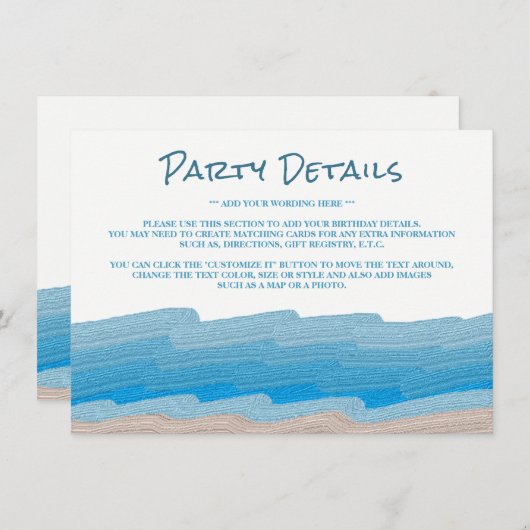 Ocean Beach Verjaardag Party Details Kaart (Voorkant / Achterkant)