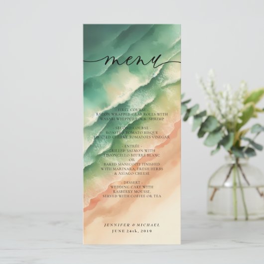 Ocean Beach Waterverf Elegante kalligraaf Menu (Staand voorkant)