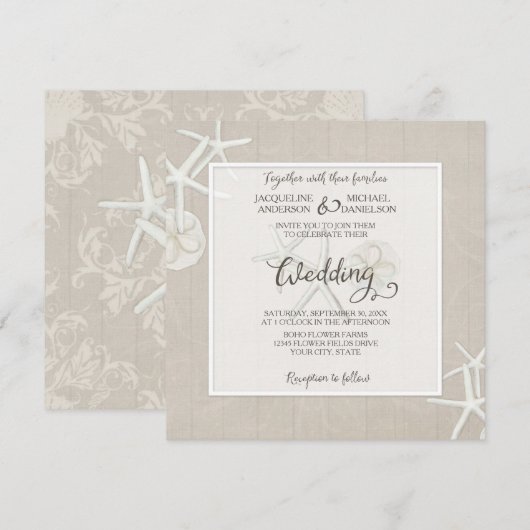 Ocean Beach Wedding Starfish Damask Houten Rustiek Kaart (Voorkant / Achterkant)