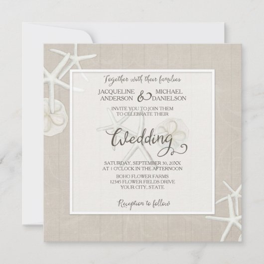 Ocean Beach Wedding Starfish Damask Houten Rustiek Kaart (Voorkant)