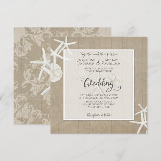 Ocean Beach Wedding Starfish Wood Damask Rustic Kaart (Voorkant / Achterkant)