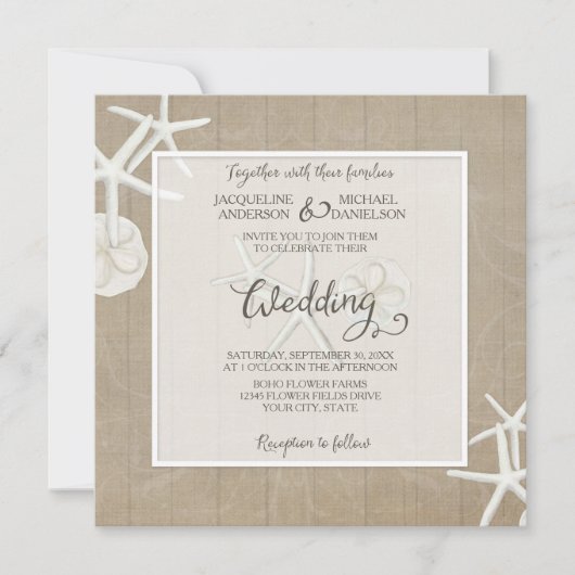 Ocean Beach Wedding Starfish Wood Damask Rustic Kaart (Voorkant)
