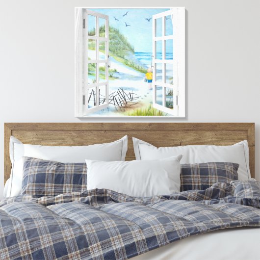 Ocean Beach Window Waterverf Canvas Print (Insitu (Slaapkamer))