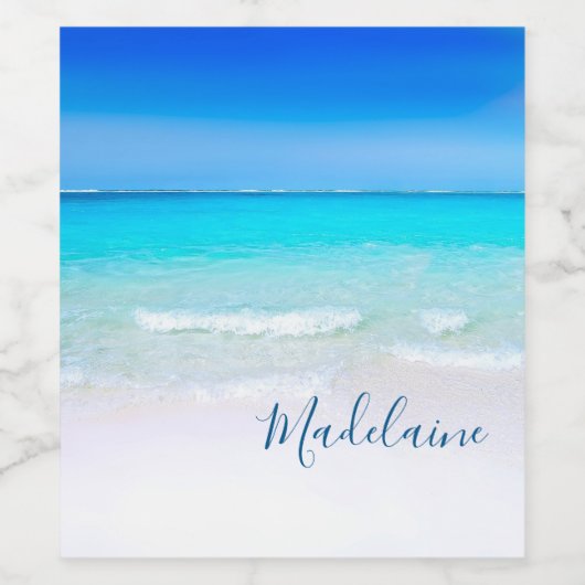 Ocean Beach Zee Persoonlijke naam Aqua Blue Modern Wijn Etiket (Enkel label)